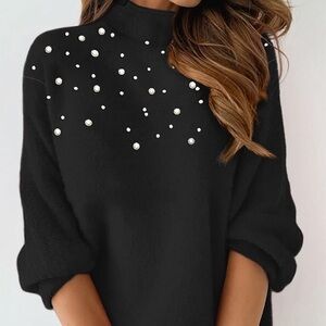 NEW Black Pearl Beaded Mock Neck Sweater | Chic Dressy Pullover  sz L